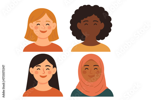 Happy women of diverse ethnicities illustration. Multi-ethnic female portraits collection. Girl power, feminism, empowerment and sisterhood concept. Vector avatar character set.