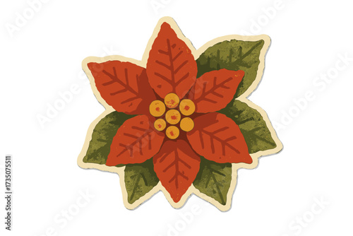 Vintage Christmas poinsettia flower in torn paper collage style, clay toy illustration with vibrant red petals, green leaves, and yellow center, festive holiday vector art