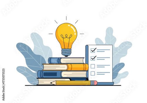 Book stack with lightbulb and checklist isolated on transparent background
