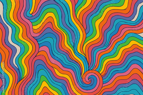 1960s hippie style wallpaper design. Trippy retro background for psychedelic 60s-70s parties. Bright melting rainbow colors, groovy wavy pattern and swirl in pop art style.