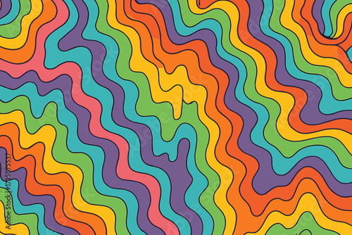 Groovy wavy pattern in pop art style. 1960s hippie wallpaper design. Trippy retro background for psychedelic 60s-70s parties. Bright melting rainbow colors abstract vector.