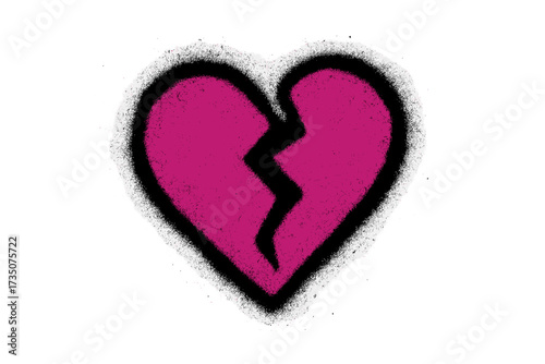 Graffiti broken heart icon spray painted in urban street art style. Vector illustration of heartbreak, divorce, and sadness. Textured magenta symbol with black overspray.