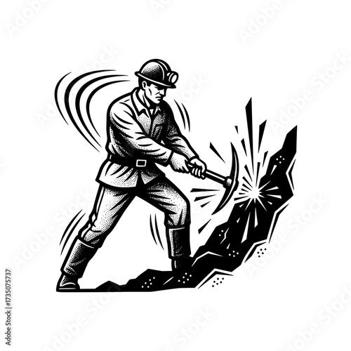 Miner working with pickaxe breaking rock in underground tunnel  