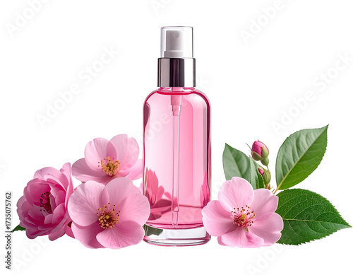A pink liquid spray bottle with roses and greenery against a black background