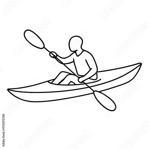 Line drawing of a man kayaking on calm water  