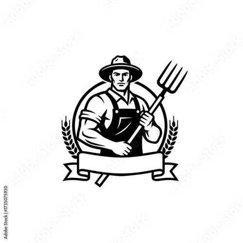 Farmer holding pitchfork with wheat and banner in vintage style  