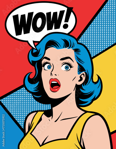 Woman with blue hair expressing surprise in pop art style   