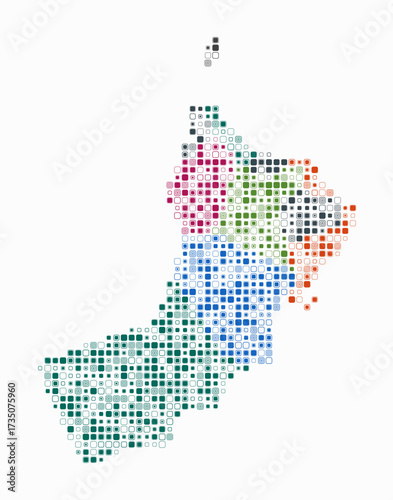 Oman, shape of the country build of colored cells. Digital style map of the Oman on white background. Small size rounded square blocks. Artistic vector illustration.