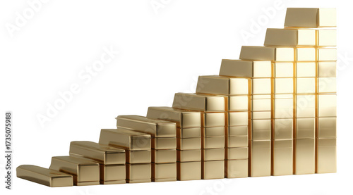 3D gold bar chart shows growth in the stock market with a green up arrow and a vibrant golden graphic for financial success