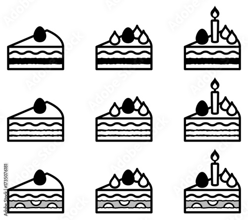様々な形の美味しそうなケーキアイコンのベクターイラストセット