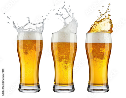 Three pint glasses of beer with various splash effects in liquid and foam