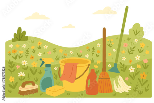 Spring cleaning background with various tools and equipment in a flowering field. Flat hand drawn vector illustration for greeting card, ad, promotion, housekeeping service poster.