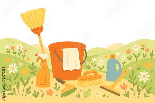 Spring cleaning concept. Cleaning service tools in spring nature landscape. Household chores equipment on floral field. Vector background for ad, banner or promotion. Cleanliness.