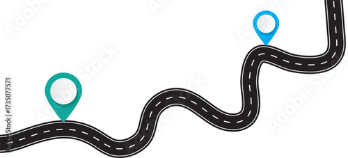 Top view winding road with colorful location. Wavy highway lane or curved race track Highway or roadway background. Vector illustration. 