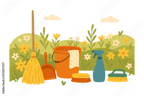 Spring cleaning concept. Household tools and equipment on a spring flowering field. Vector background with broom, bucket, brush for cleaning service ad, promotion, banner.
