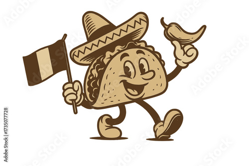 Taco retro cartoon mascot logo. Latin American food character with sombrero, Mexican flag and chili pepper. Hand drawn vector illustration for street food restaurant menu.