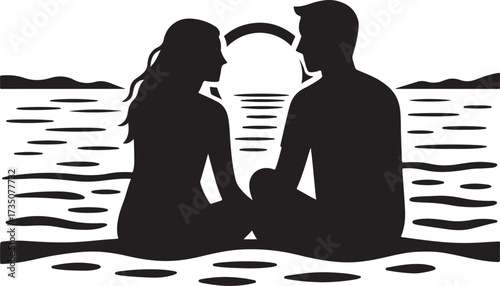 Romantic Silhouette at Sunset: A serene scene depicts the silhouetted figures of a couple deeply in love, embracing the tranquil beauty of a sunset over the calm sea.