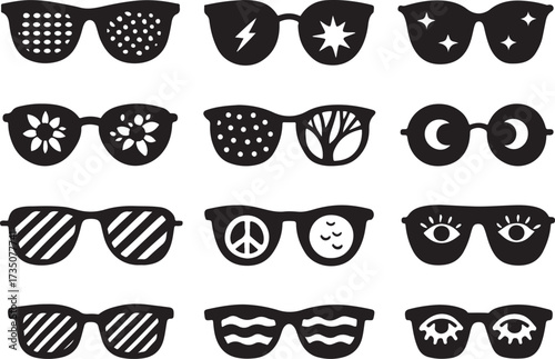 Stylish Sunglasses Collection: A diverse array of chic sunglasses with an assortment of unique and artistic designs, captured from a high-angle view.