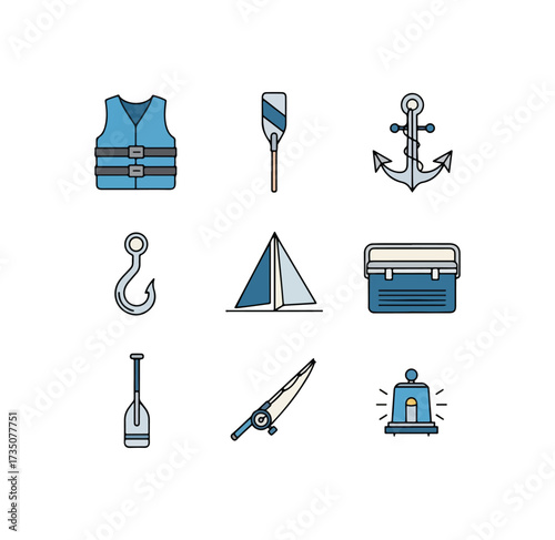 Boating and sailing equipment icon set on black background