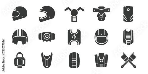 Motorcycle gear icons set black and white vector illustration