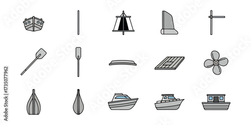 Boats and nautical equipment icons on black background