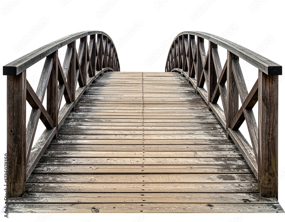 Obraz premium Wooden footbridge arches across empty space; perspective view