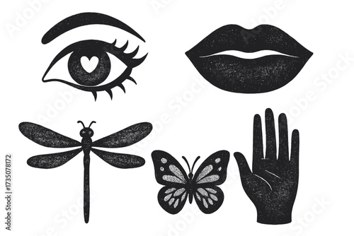 Trendy y2k elements set with 2000s aesthetic and retro photocopy effect. Vector icons of eye, lips, hand, dragonfly, butterfly for vintage print and sticker design. Grainy texture.