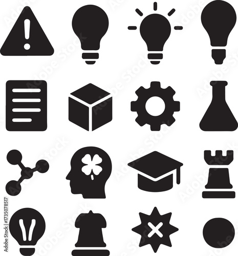 Conceptual Icon Grid: A minimalist grid composed of bold black icons, each representing diverse concepts like ideas, warning, education and solution.