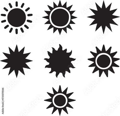 Sunburst Silhouette Collection: A vibrant display of diverse sunburst silhouettes, each radiating its unique charm. Perfect for design, capturing the essence of warmth, energy, and a bright future.