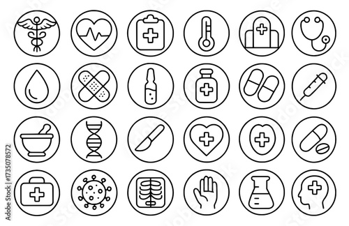 Icon Sheet, Icon pack, Medical theme, outline version, with round frames