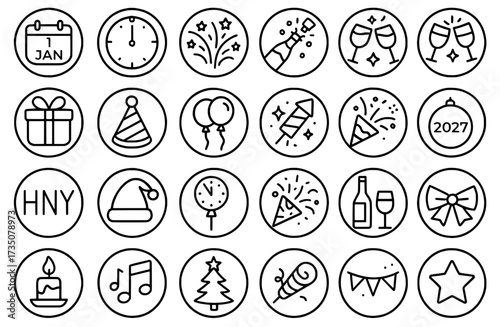 Icon Sheet, Icon pack, New Year theme, outline version, with round frames