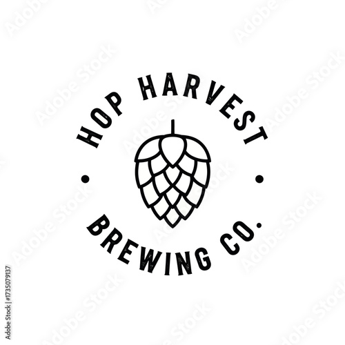 A minimalist black and white circular logo for Hop Harvest Brewing Co., featuring a stylized hop cone illustration in the center.