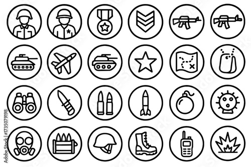 Icon Sheet, Icon pack, Military theme, outline version, with round frames