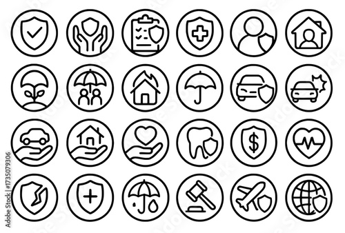 Icon Sheet, Icon pack, Insurance theme, outline version, with round frames