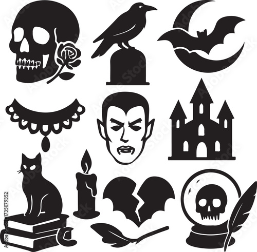 Spooky Halloween Icons: A collection of eerie silhouette icons, each representing the spooky and ominous spirit of Halloween, set against a dark background.