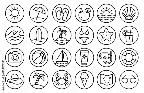 Icon Sheet, Icon pack, Beach theme, outline version, with round frames