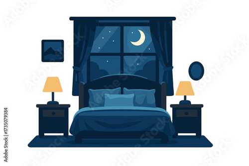 Vector bedroom interior at night. Cozy room with bed, pillows, and furniture in moonlight. Flat cartoon illustration concept for sleep, comfort, rest, and quiet home scene.