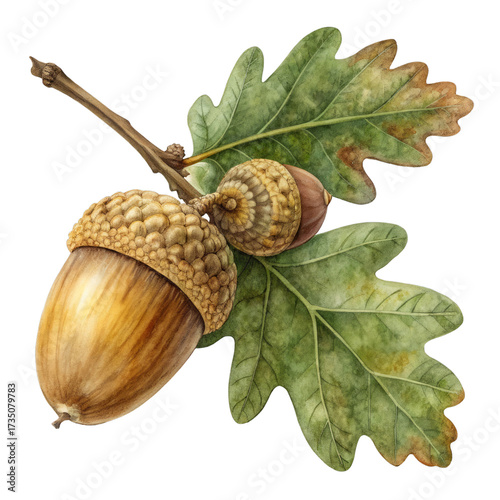 Oak Branch With Two Acorns And Green Leaves watercolor element isolated on a transparent background