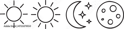 Celestial Icons: A set of elegant line art illustrations features the sun, moon, and stars, evoking the beauty of the cosmos. The minimalistic design highlights each celestial body's unique features.