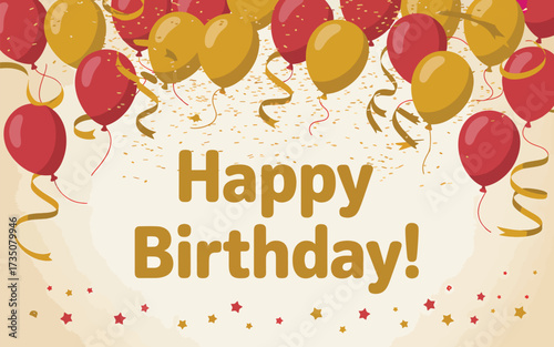 Red and gold balloons with confetti and Happy Birthday text