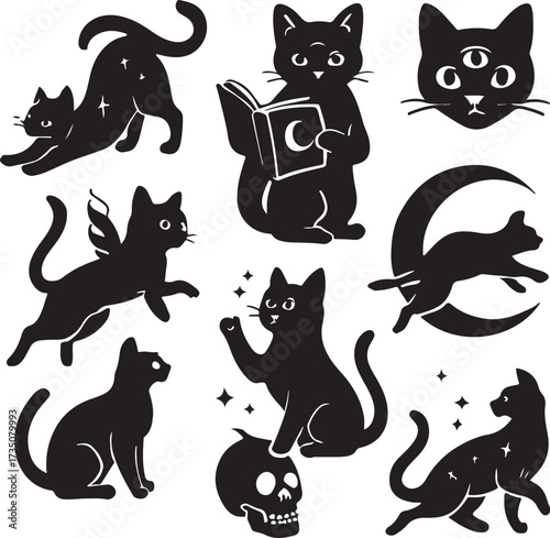 Mystical Cat Silhouettes: A charming collection of illustrated black cat silhouettes, each in a unique pose or symbolic setting. They celebrate mystery and allure of feline companions.