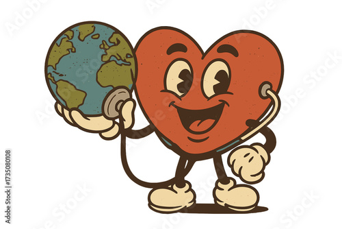 Retro vintage cartoon heart character holding Earth globe with stethoscope, World Health Day medical mascot, healthcare love concept, happy smiling vector illustration