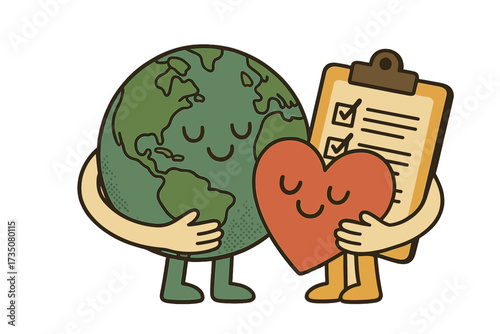 World Heart Day concept with Earth character hugging heart and checklist, environmental health awareness, humanitarian care, planet love, retro style vector illustration
