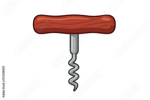 Wine bottle opener corkscrew icon with red wooden handle, twisted metal spiral, vector flat design, tool for uncorking wine bottles, drink accessory, isolated object