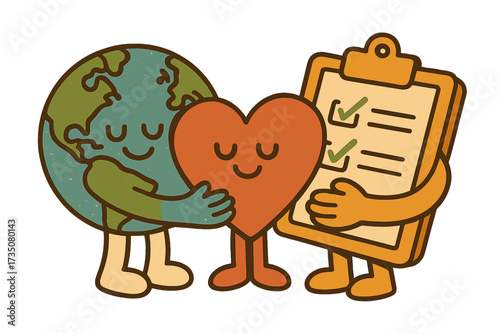 World Heart Day greeting card concept with Earth, heart, and checklist folder hugging together, symbolizing environmental care, health, humanitarian love, and global unity