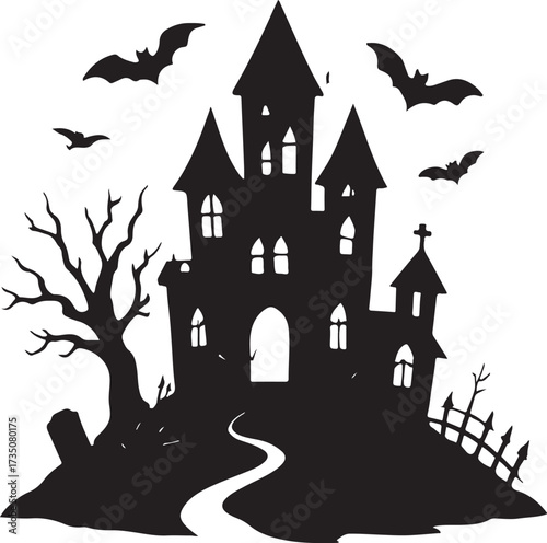 Spooky Silhouette of a Haunted Mansion: A silhouette of a menacing haunted mansion with bats and a bare tree, evokes the eeriness of Halloween.