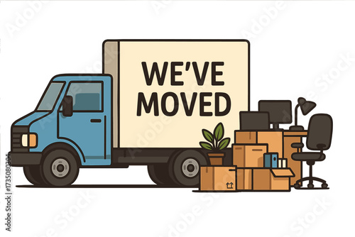 Office moving concept with transport truck. We've moved announcement for business relocation. Commercial moving service van with cardboard boxes, furniture, computer. Vector.