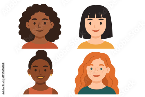 Diverse female faces of different ethnicity and hairstyle. Woman empowerment movement, girl power. Multicultural society. International friendship, racial equality vector concept.