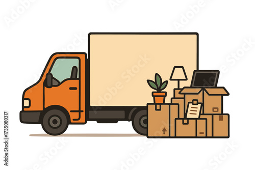 Moving truck and cardboard boxes. Moving office or home stuff concept. Transport company service. Relocation, delivery van side view. We've moved quote. Vector cartoon illustration.