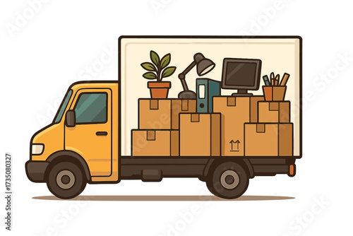 Moving truck with office equipment. Transport company service for business relocation. Van loaded with cardboard boxes, furniture, computer and supplies. We've moved concept.
